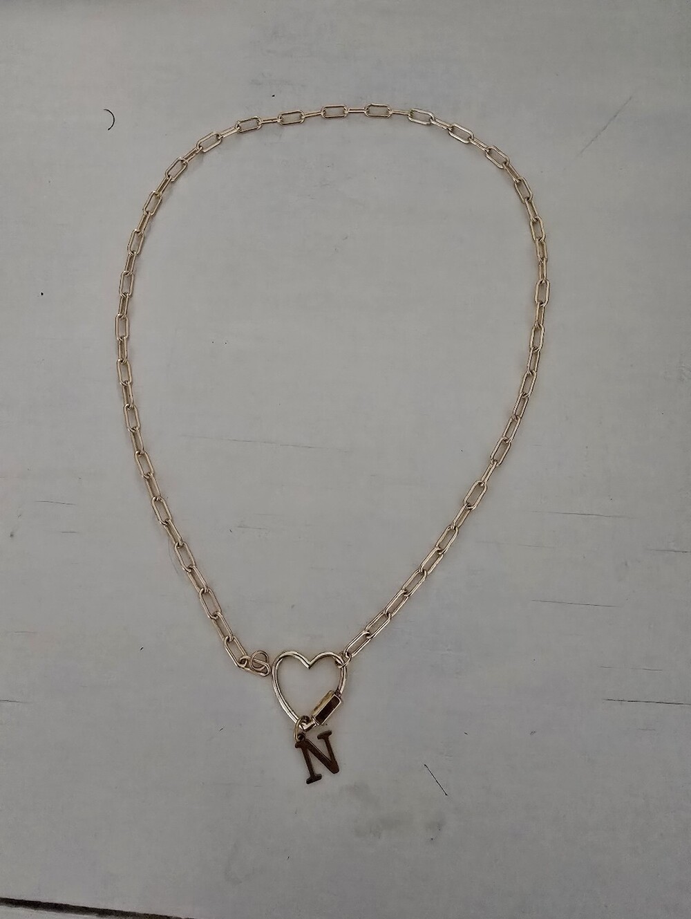 Delicate Rose Gold Heart Link Necklace with N Initial Charm